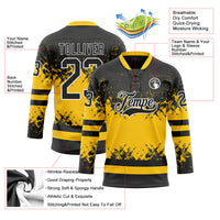 Custom Black Yellow-White Abstract Splatter Paint Hockey Lace Neck Jersey
