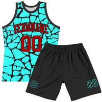 Custom Aqua Red-Black Abstract Network Round Neck Sublimation Basketball Set Jersey