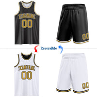 Custom Reversible Black Old Gold-White Double Side Sublimation Basketball Set Jersey
