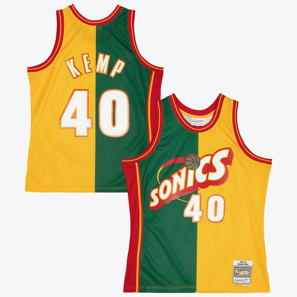 Seattle Supersonics Mitchell & Ness Shawn Kemp 1995 Split Swingman Jersey - Green/Yellow